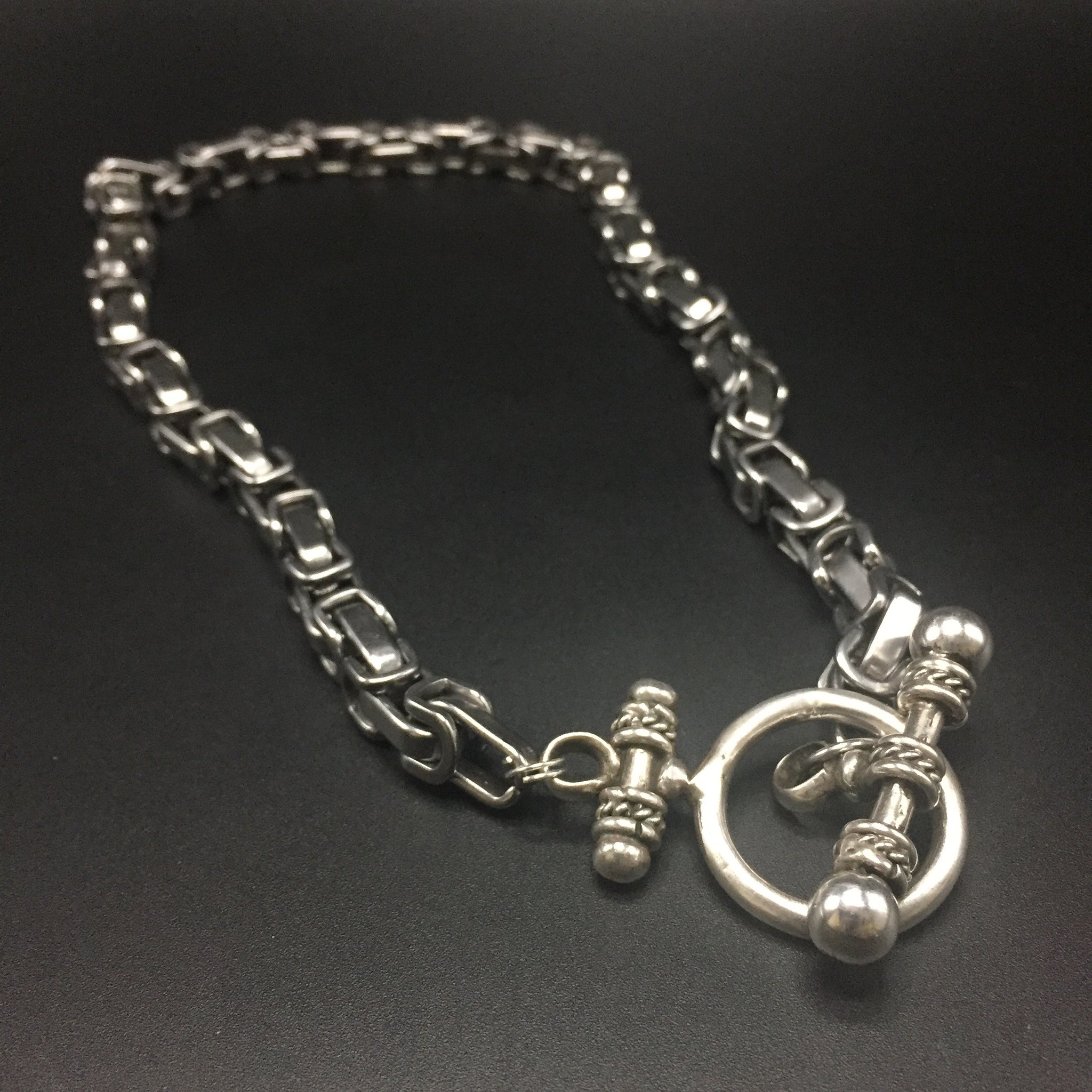 Tungsten byzantine links with a sterling toggle  clasp.